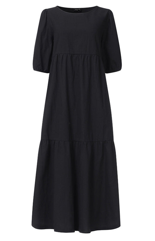 Dress- Solid Cotton Casual A-Line Tiered Midi Dress- - Pekosa Women Clothing