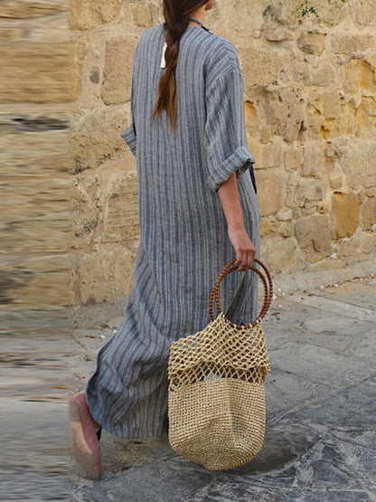 Dress- Solid Cotton Yarn-Dyed Striped Tunic Dress- - Pekosa Women Clothing