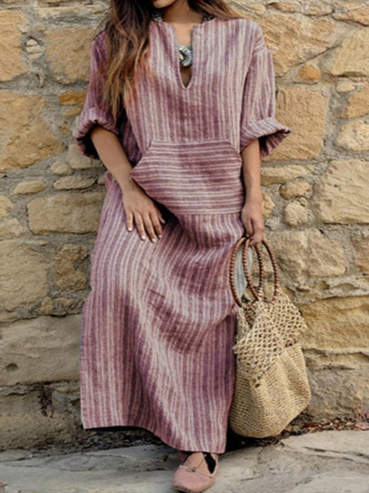 Dress- Solid Cotton Yarn-Dyed Striped Tunic Dress- Dark Red- Pekosa Women Clothing