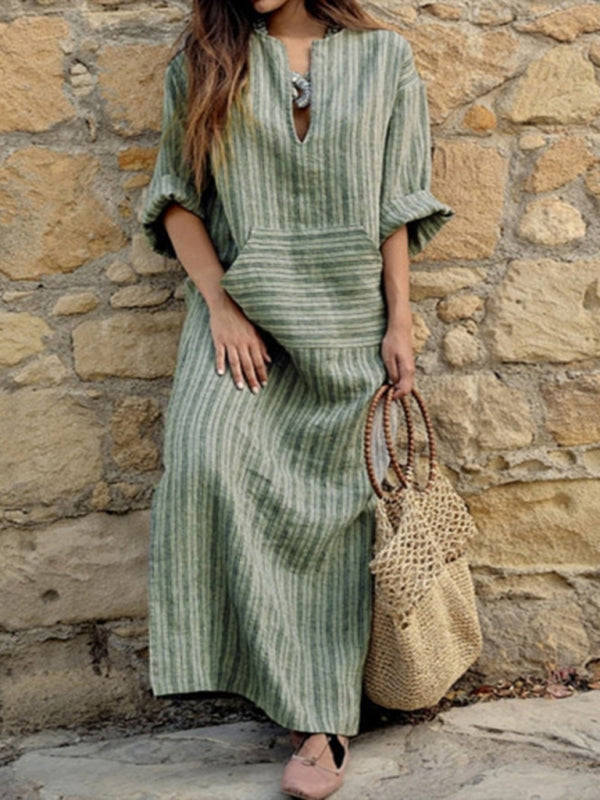 Dress- Solid Cotton Yarn-Dyed Striped Tunic Dress- Green- Pekosa Women Clothing