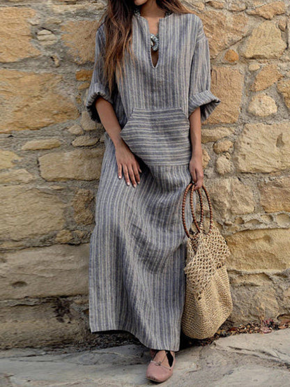 Dress- Solid Cotton Yarn-Dyed Striped Tunic Dress- Grey- Pekosa Women Clothing