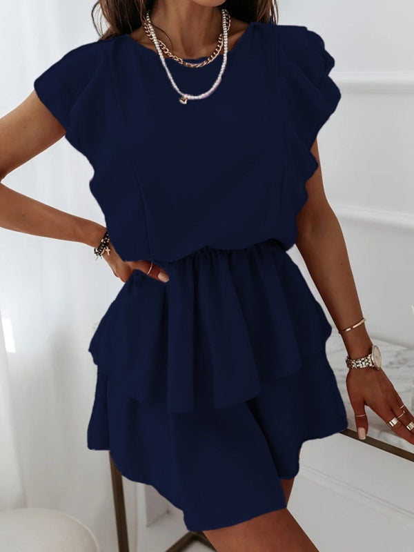 Dress- Solid Double Layer Ruffle Short Sleeve Dress- Blue- Pekosa Women Clothing