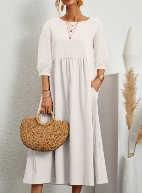 Dress- Solid Flowy Round Neck 3/4 Sleeve Midi Dress- White- Pekosa Women Clothing