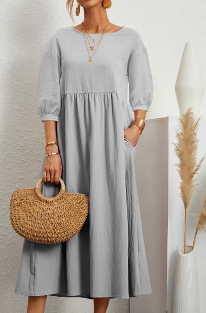 Dress- Solid Flowy Round Neck 3/4 Sleeve Midi Dress- Grey- Pekosa Women Clothing