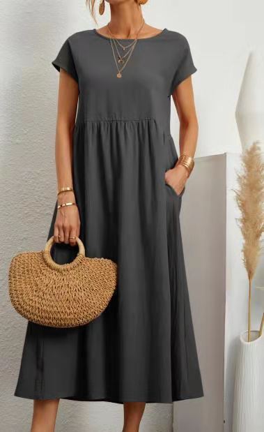 Dress- Solid Flowy Round Neck 3/4 Sleeve Midi Dress- Charcoal grey- Pekosa Women Clothing