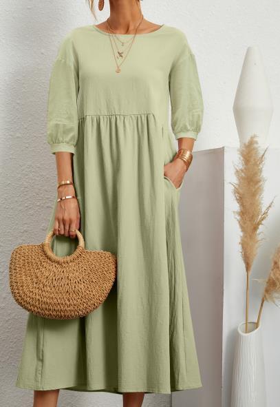 Dress- Solid Flowy Round Neck 3/4 Sleeve Midi Dress- Pale green- Pekosa Women Clothing