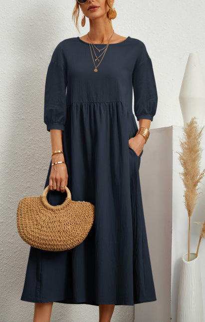 Dress- Solid Flowy Round Neck 3/4 Sleeve Midi Dress- Blue- Pekosa Women Clothing