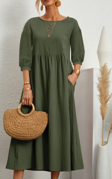 Dress- Solid Flowy Round Neck 3/4 Sleeve Midi Dress- Green- Pekosa Women Clothing