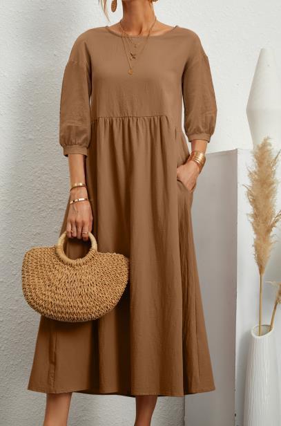 Dress- Solid Flowy Round Neck 3/4 Sleeve Midi Dress- Khaki- Pekosa Women Clothing