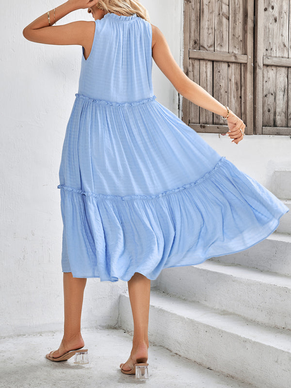 Dress- Solid Flowy Tiered Tie Midi Dress- - Pekosa Women Clothing