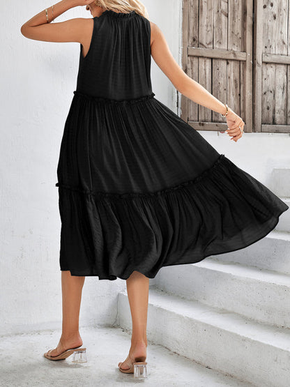 Dress- Solid Flowy Tiered Tie Midi Dress- - Pekosa Women Clothing