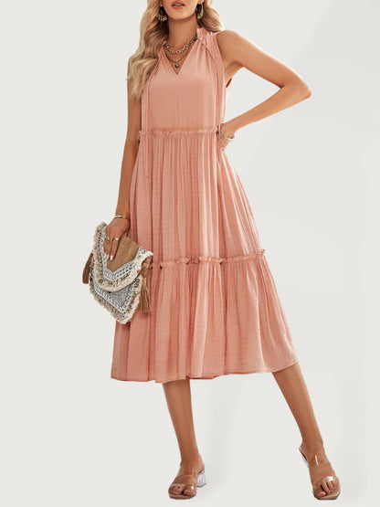 Dress- Solid Flowy Tiered Tie Midi Dress- Pink- Pekosa Women Clothing