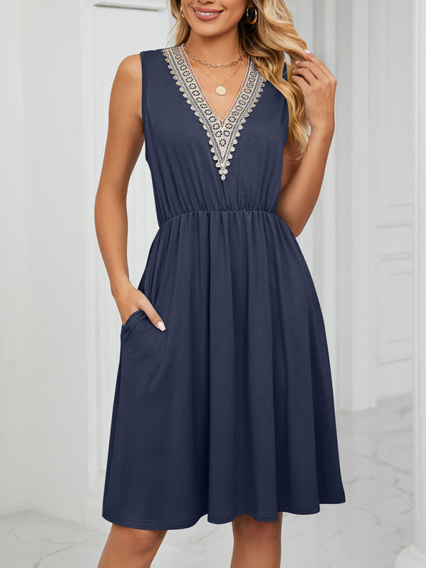 Dress- Solid Lace V-Neck Pocket Tank Dress- Navy blue- Pekosa Women Clothing