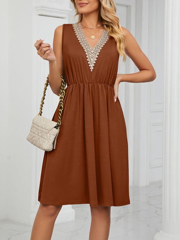 Dress- Solid Lace V-Neck Pocket Tank Dress- caramel- Pekosa Women Clothing