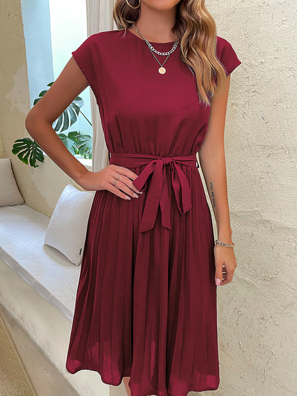 Dress- Solid Pleated Short Sleeve Tie-Waist A-Line Midi Dress- Wine Red- Pekosa Women Clothing