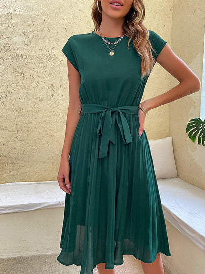 Dress- Solid Pleated Short Sleeve Tie-Waist A-Line Midi Dress- - Pekosa Women Clothing