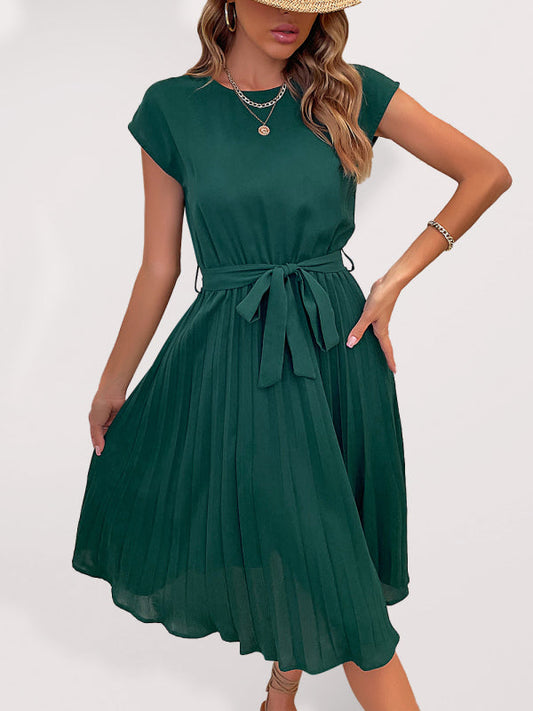 Dress- Solid Pleated Short Sleeve Tie-Waist A-Line Midi Dress- Dark green- Pekosa Women Clothing