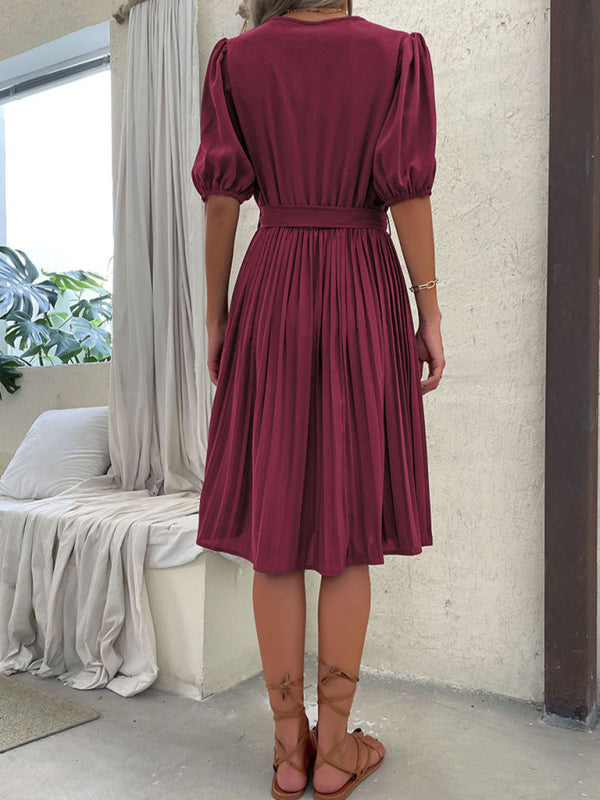 Dress- Solid Pleated Surplice V Neck Belt-Tie Dress- - Pekosa Women Clothing