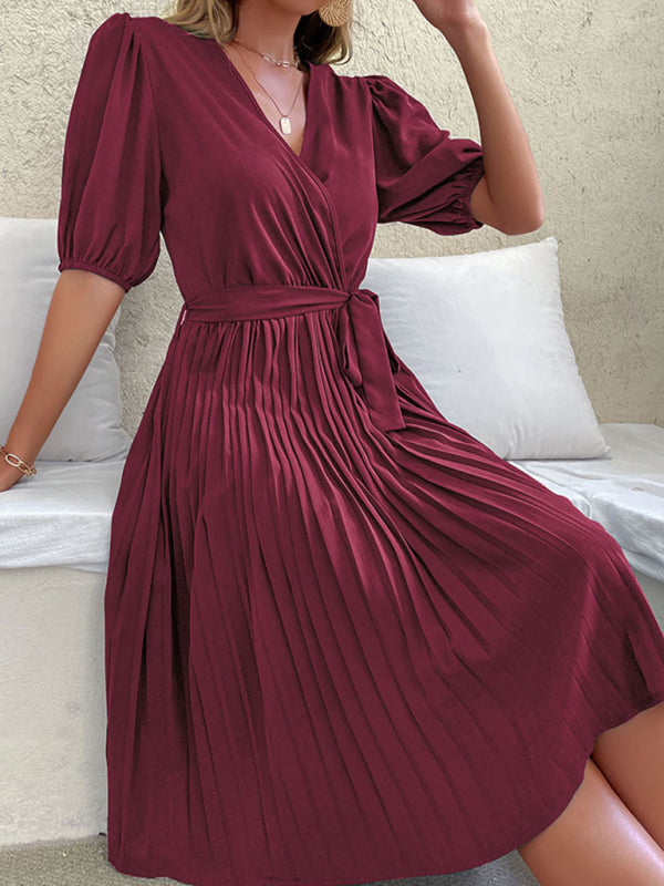 Dress- Solid Pleated Surplice V Neck Belt-Tie Dress- - Pekosa Women Clothing