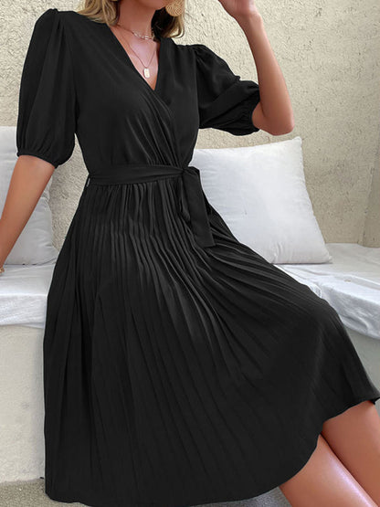 Dress- Solid Pleated Surplice V Neck Belt-Tie Dress- - Pekosa Women Clothing