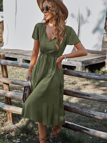 Dress- Solid Ruffle Hem Tie-Waist V-Neck Midi Dress- Olive green- Pekosa Women Clothing