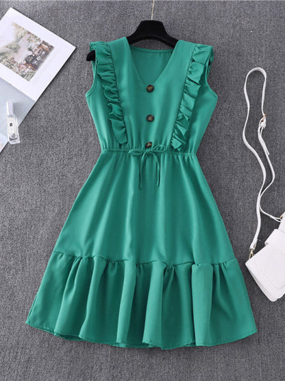 Dress- Solid Ruffle Waist Tie Tank Mini Dress- Green- Pekosa Women Clothing