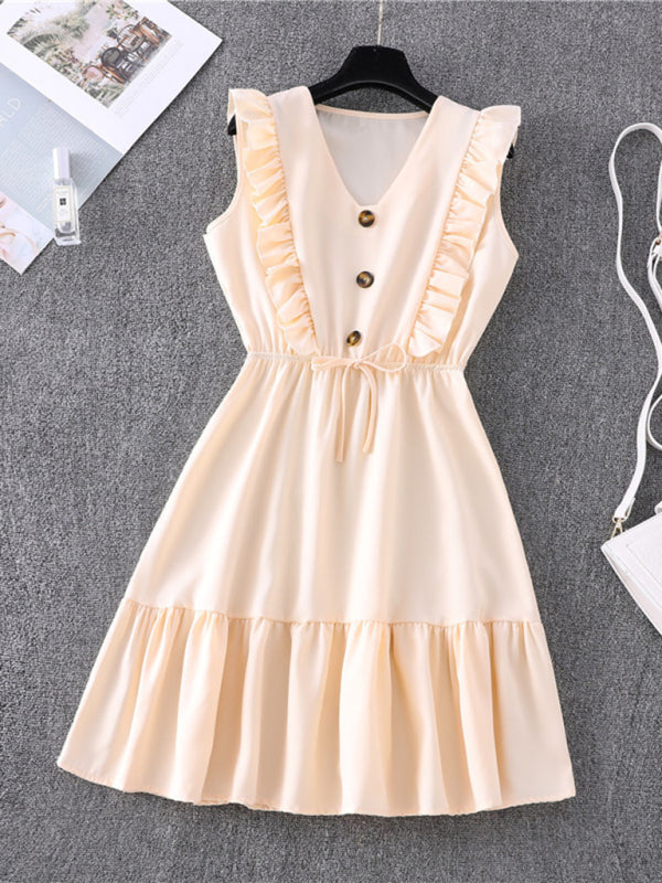 Dress- Solid Ruffle Waist Tie Tank Mini Dress- Cream- Pekosa Women Clothing