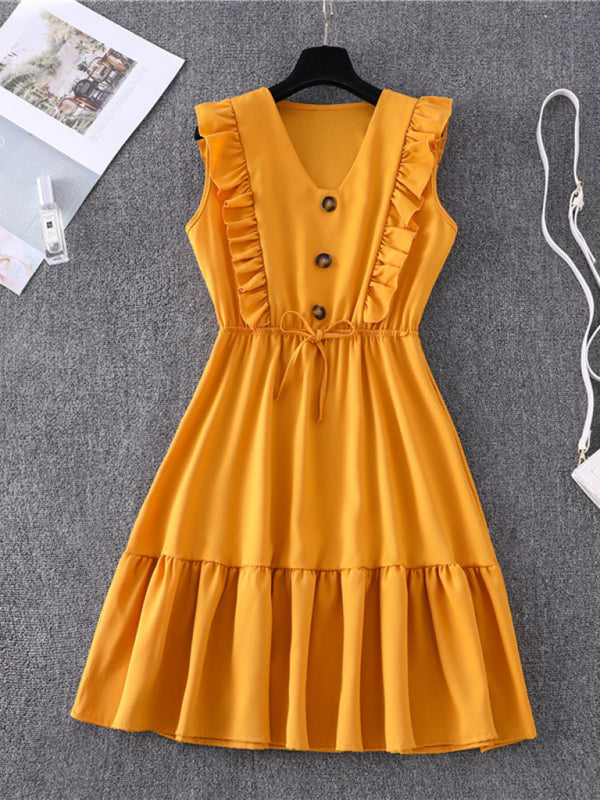 Dress- Solid Ruffle Waist Tie Tank Mini Dress- Yellow- Pekosa Women Clothing