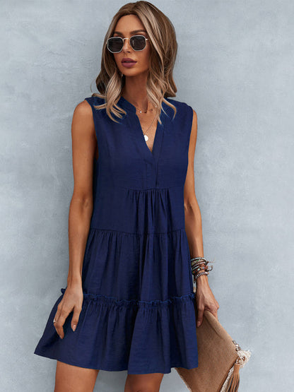 Dress- Solid Sleeveless Dress with Flowy Tiered Skirt and Loose Fit- Navy Blue- Pekosa Women Clothing