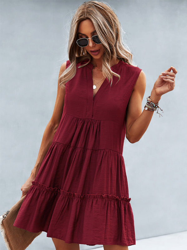 Dress- Solid Sleeveless Dress with Flowy Tiered Skirt and Loose Fit- - Pekosa Women Clothing