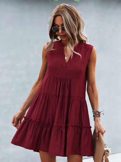 Dress- Solid Sleeveless Dress with Flowy Tiered Skirt and Loose Fit- - Pekosa Women Clothing