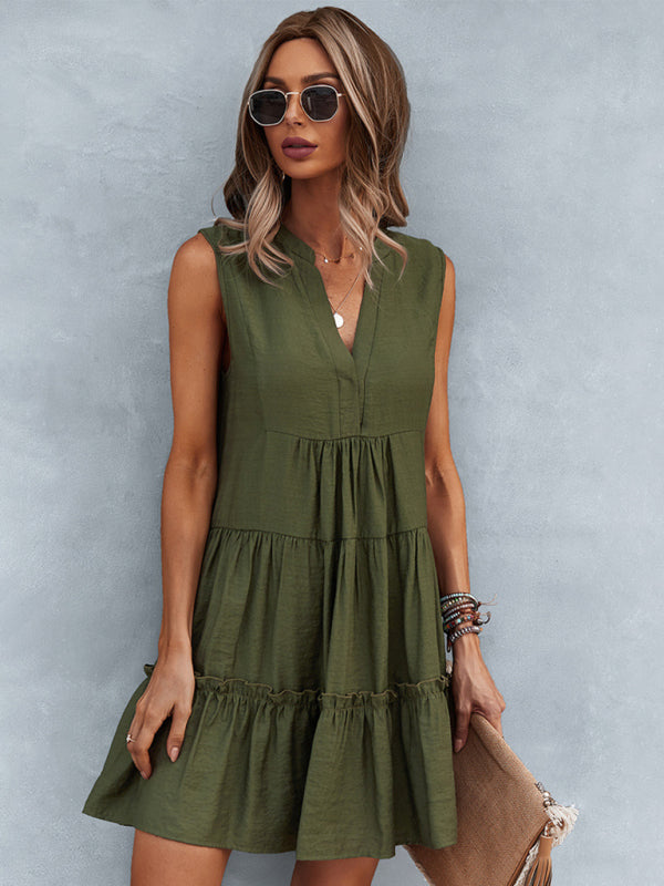 Dress- Solid Sleeveless Dress with Flowy Tiered Skirt and Loose Fit- - Pekosa Women Clothing