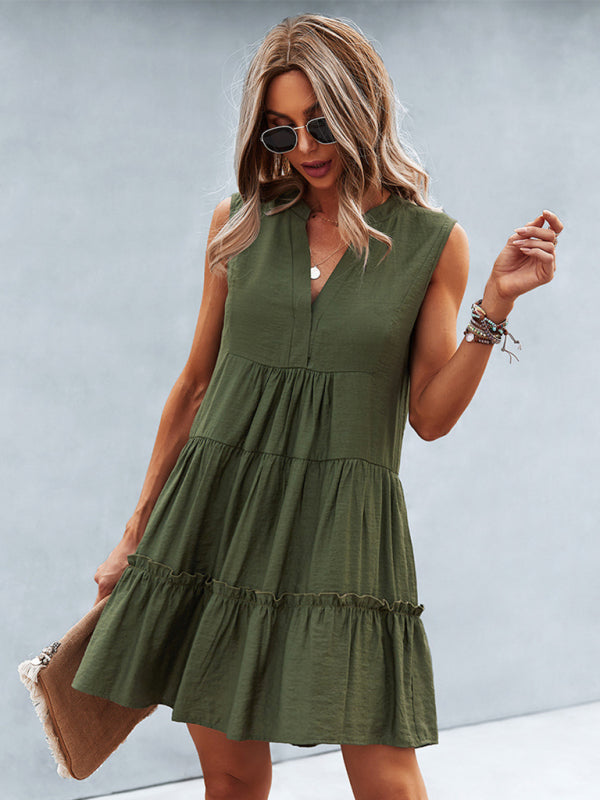 Dress- Solid Sleeveless Dress with Flowy Tiered Skirt and Loose Fit- - Pekosa Women Clothing