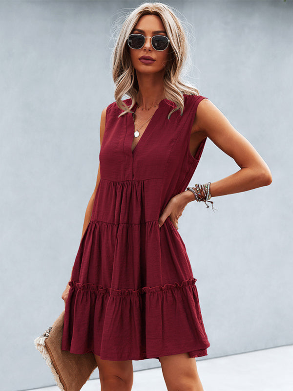 Dress- Solid Sleeveless Dress with Flowy Tiered Skirt and Loose Fit- - Pekosa Women Clothing