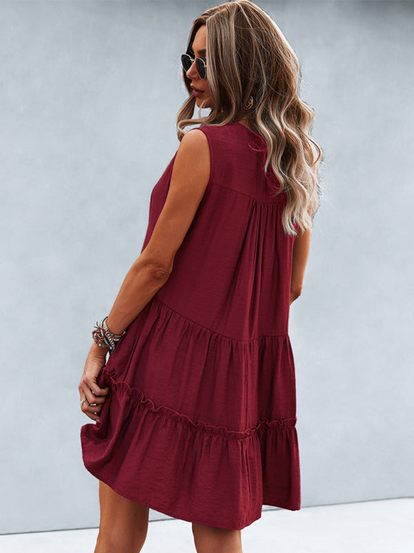 Dress- Solid Sleeveless Dress with Flowy Tiered Skirt and Loose Fit- - Pekosa Women Clothing