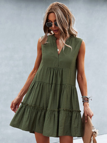 Dress- Solid Sleeveless Dress with Flowy Tiered Skirt and Loose Fit- - Pekosa Women Clothing