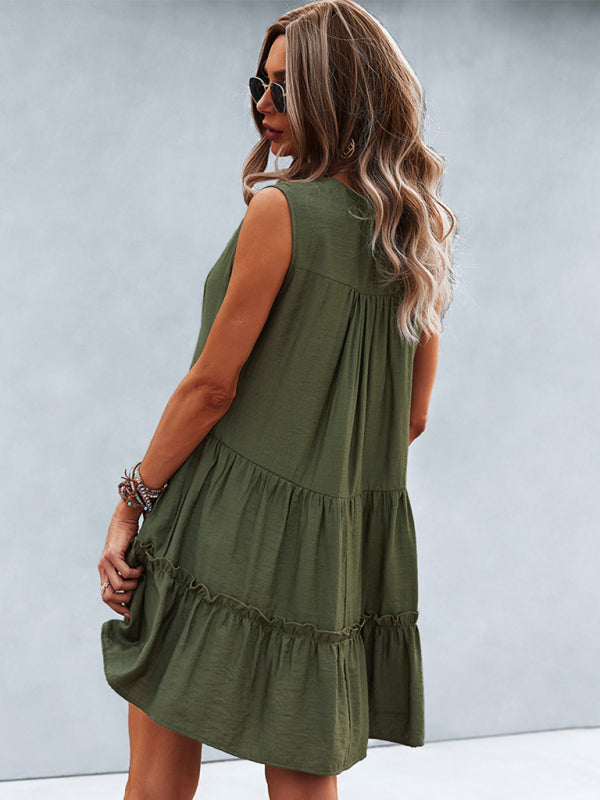 Dress- Solid Sleeveless Dress with Flowy Tiered Skirt and Loose Fit- - Pekosa Women Clothing