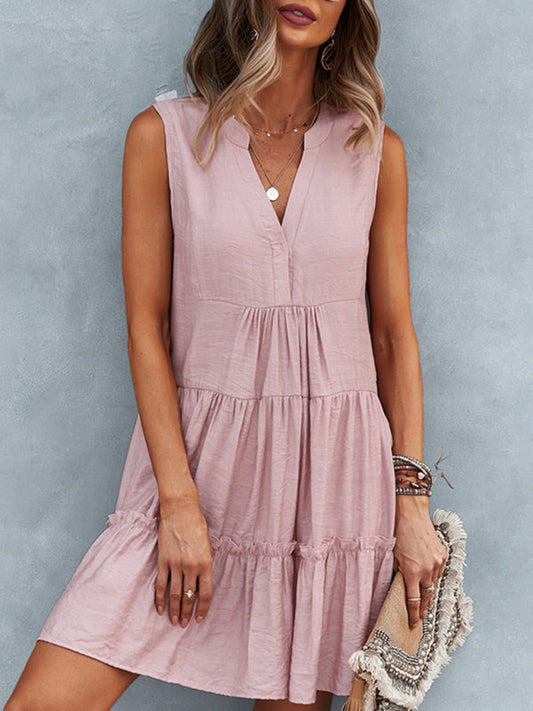 Dress- Solid Sleeveless Dress with Flowy Tiered Skirt and Loose Fit- Pink- Pekosa Women Clothing