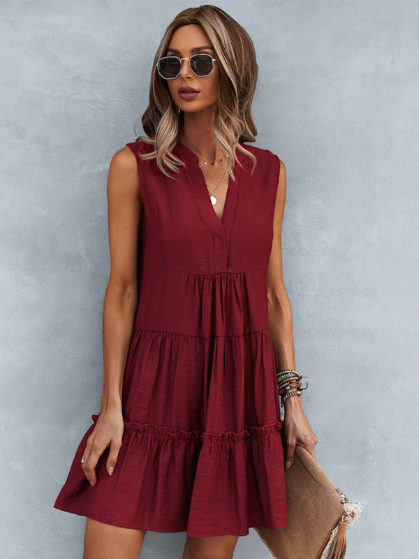 Dress- Solid Sleeveless Dress with Flowy Tiered Skirt and Loose Fit- Wine Red- Pekosa Women Clothing