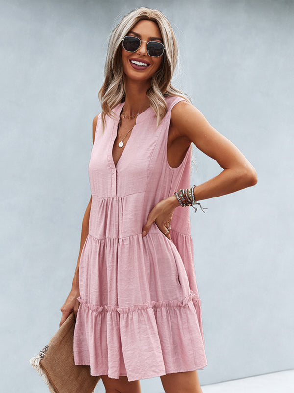 Dress- Solid Sleeveless Dress with Flowy Tiered Skirt and Loose Fit- - Pekosa Women Clothing