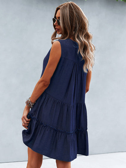 Dress- Solid Sleeveless Dress with Flowy Tiered Skirt and Loose Fit- - Pekosa Women Clothing