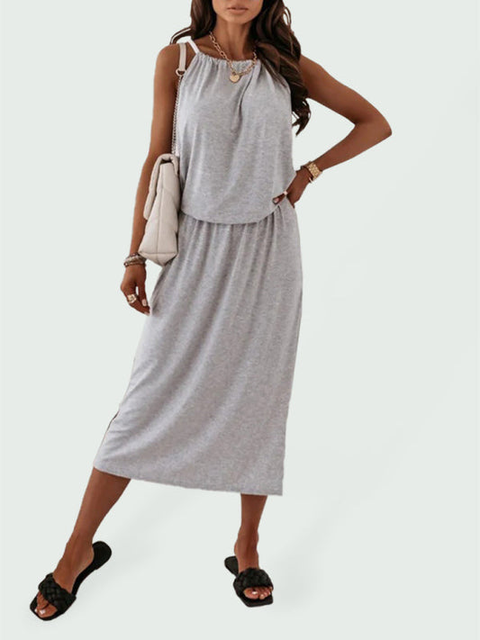 Dress- Solid Sporty Blouson Cami Midi Dress with Slits- Grey- Pekosa Women Clothing