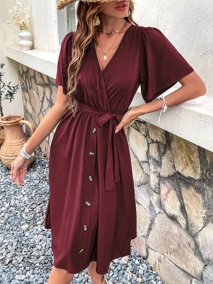 Dress- Solid Surplice V-Neck Buttoned Tie-Waist Dress- - Pekosa Women Clothing