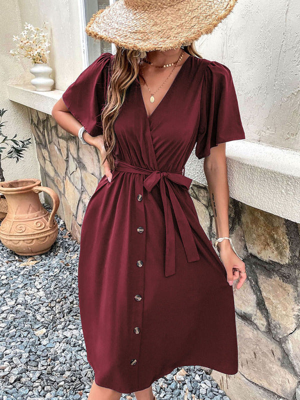 Dress- Solid Surplice V-Neck Buttoned Tie-Waist Dress- - Pekosa Women Clothing