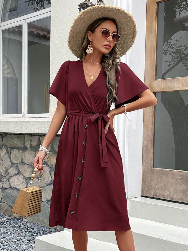 Dress- Solid Surplice V-Neck Buttoned Tie-Waist Dress- - Pekosa Women Clothing