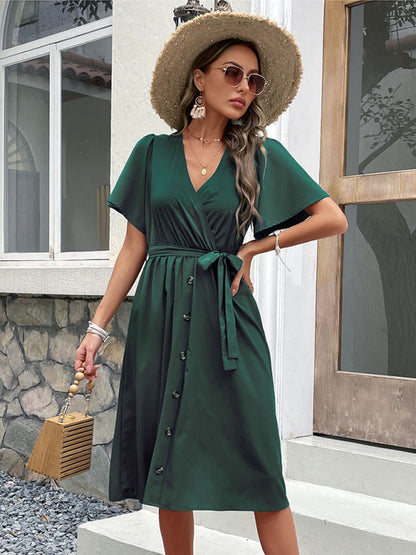 Dress- Solid Surplice V-Neck Buttoned Tie-Waist Dress- - Pekosa Women Clothing