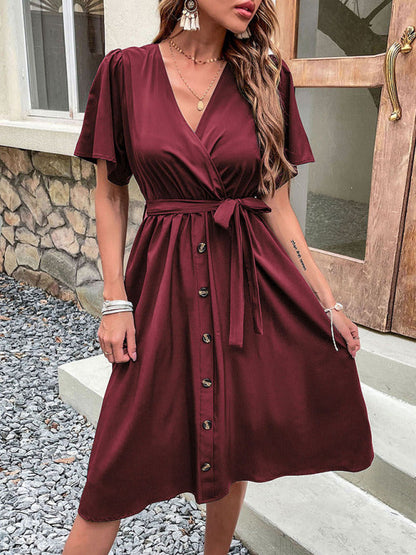 Dress- Solid Surplice V-Neck Buttoned Tie-Waist Dress- Wine Red- Pekosa Women Clothing