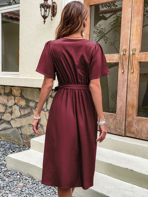 Dress- Solid Surplice V-Neck Buttoned Tie-Waist Dress- - Pekosa Women Clothing