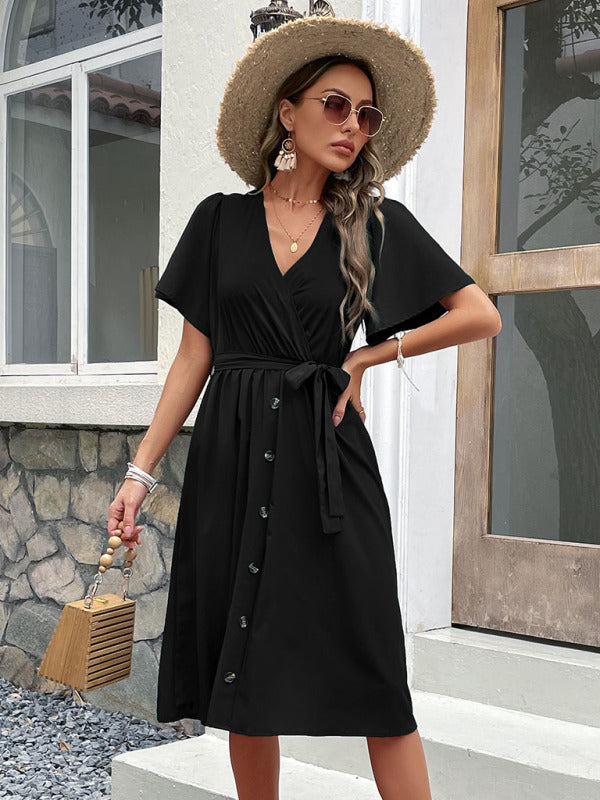 Dress- Solid Surplice V-Neck Buttoned Tie-Waist Dress- - Pekosa Women Clothing