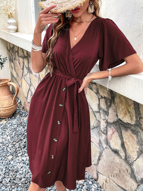 Dress- Solid Surplice V-Neck Buttoned Tie-Waist Dress- - Pekosa Women Clothing